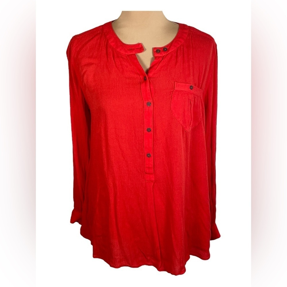 FREE PEOPLE Tunic Red Gauzy Boho Long Sleeve Henley Neckline top, size S